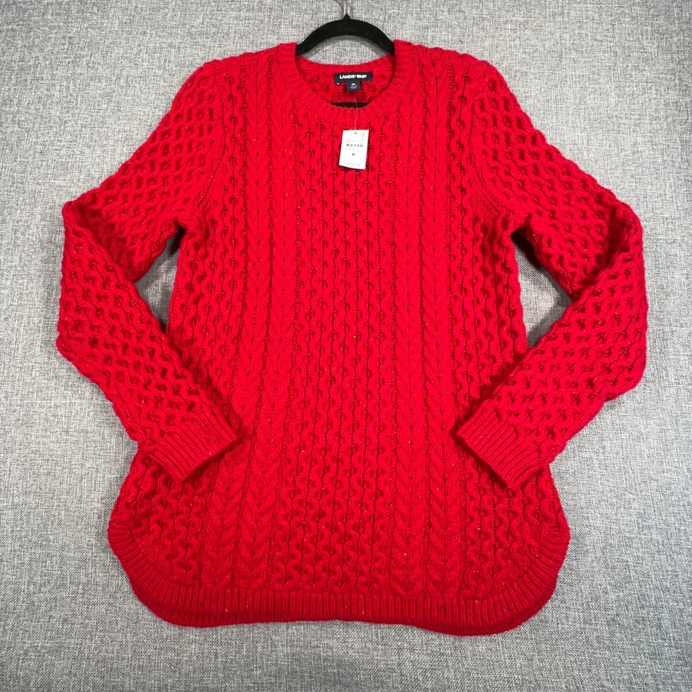 Lands End Cable Knit Sweater Womens M Rich Red Donegal Wool Blend Curved Hem NEW